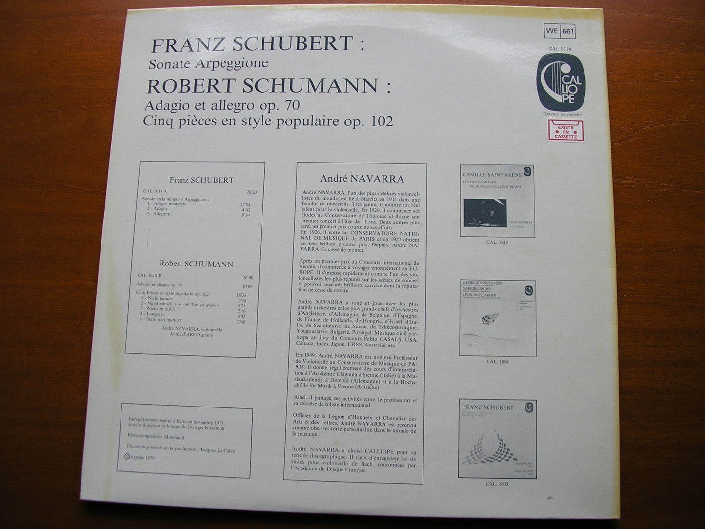 SCHUBERT: ARPEGGIONE SONATA / SCHUMANN: ADAGIO & ALLEGRO / FIVE PIECES Op. 102 ANDRE NAVARRA / ANNIE D'ARCO CAL 1614