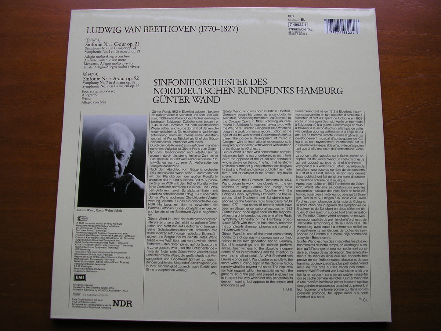BEETHOVEN: SYMPHONIES Nos. 1 & 7 WAND / HAMBURG RADIO ORCHESTRA 749622