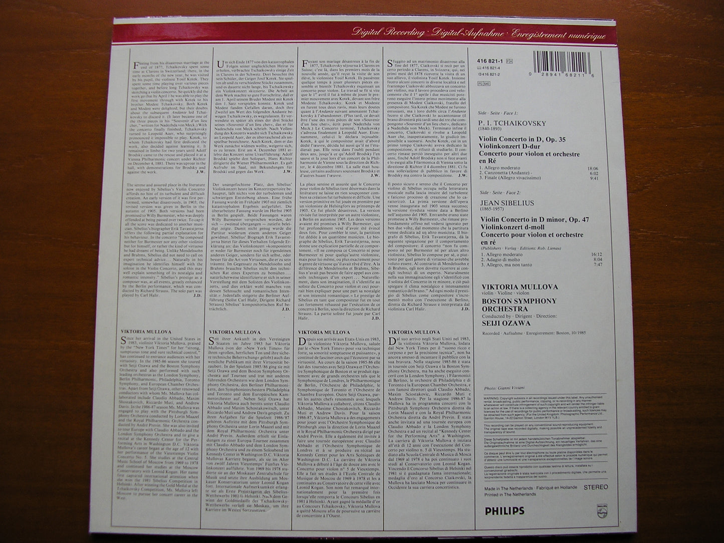 TCHAIKOVSKY & SIBELIUS: VIOLIN CONCERTOS MULLOVA / BOSTON SYMPHONY / SEIJI OZAWA 416 821