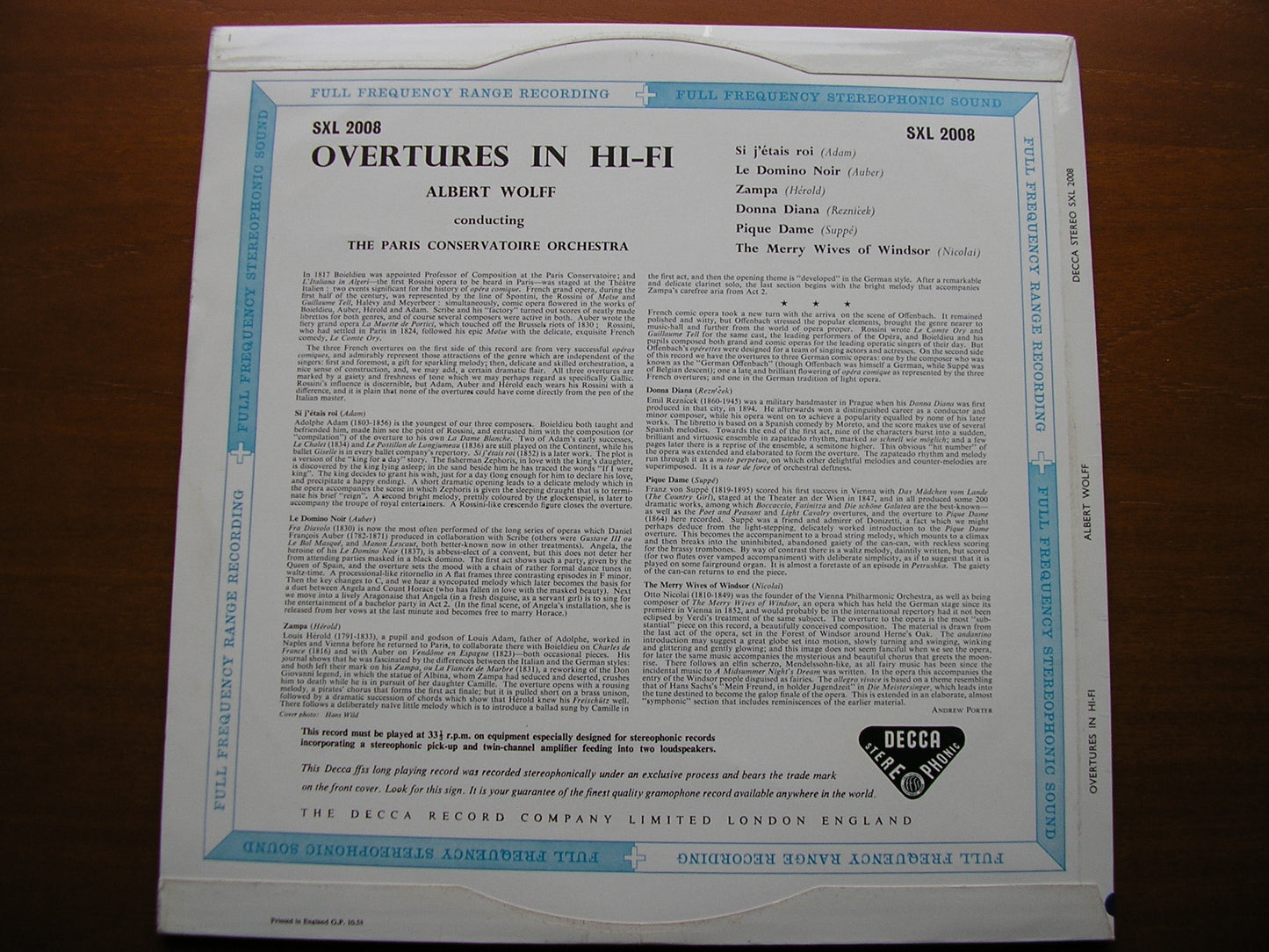 OVERTURES IN HI - FI: SUPPE / NICOLAI / ADAM / AUBER / REZNICEK / HEROLD WOLFF / PARIS CONSERVATOIRE SXL 2008