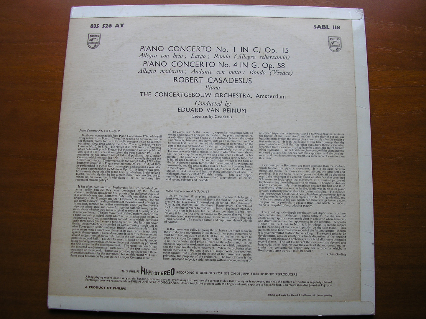 BEETHOVEN: PIANO CONCERTOS Nos. 1 & 4 CASADESUS / CONCERTGHEBOUW / VAN BEINUM SABL 118