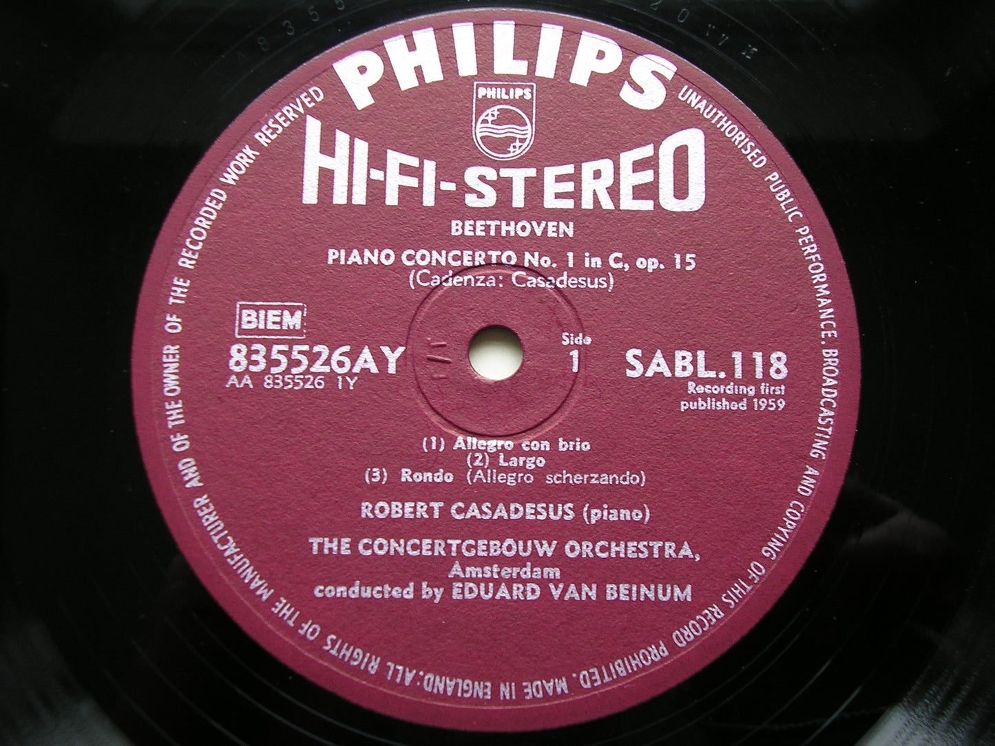 BEETHOVEN: PIANO CONCERTOS Nos. 1 & 4 CASADESUS / CONCERTGHEBOUW / VAN BEINUM SABL 118