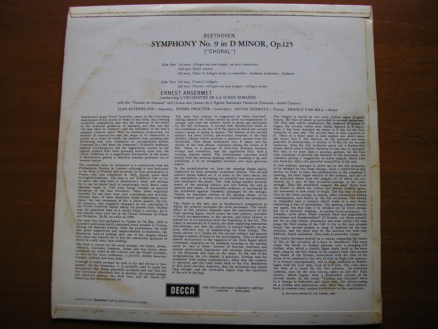 BEETHOVEN: SYMPHONY No. 9 SUTHERLAND / DERMOTA / PROCTER / VAN MILL / SUISSE ROMANDE / ANSERMET SXL 2274
