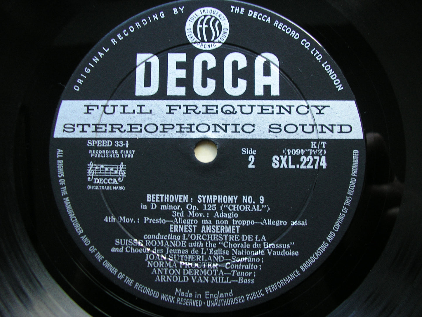 BEETHOVEN: SYMPHONY No. 9 SUTHERLAND / DERMOTA / PROCTER / VAN MILL / SUISSE ROMANDE / ANSERMET SXL 2274