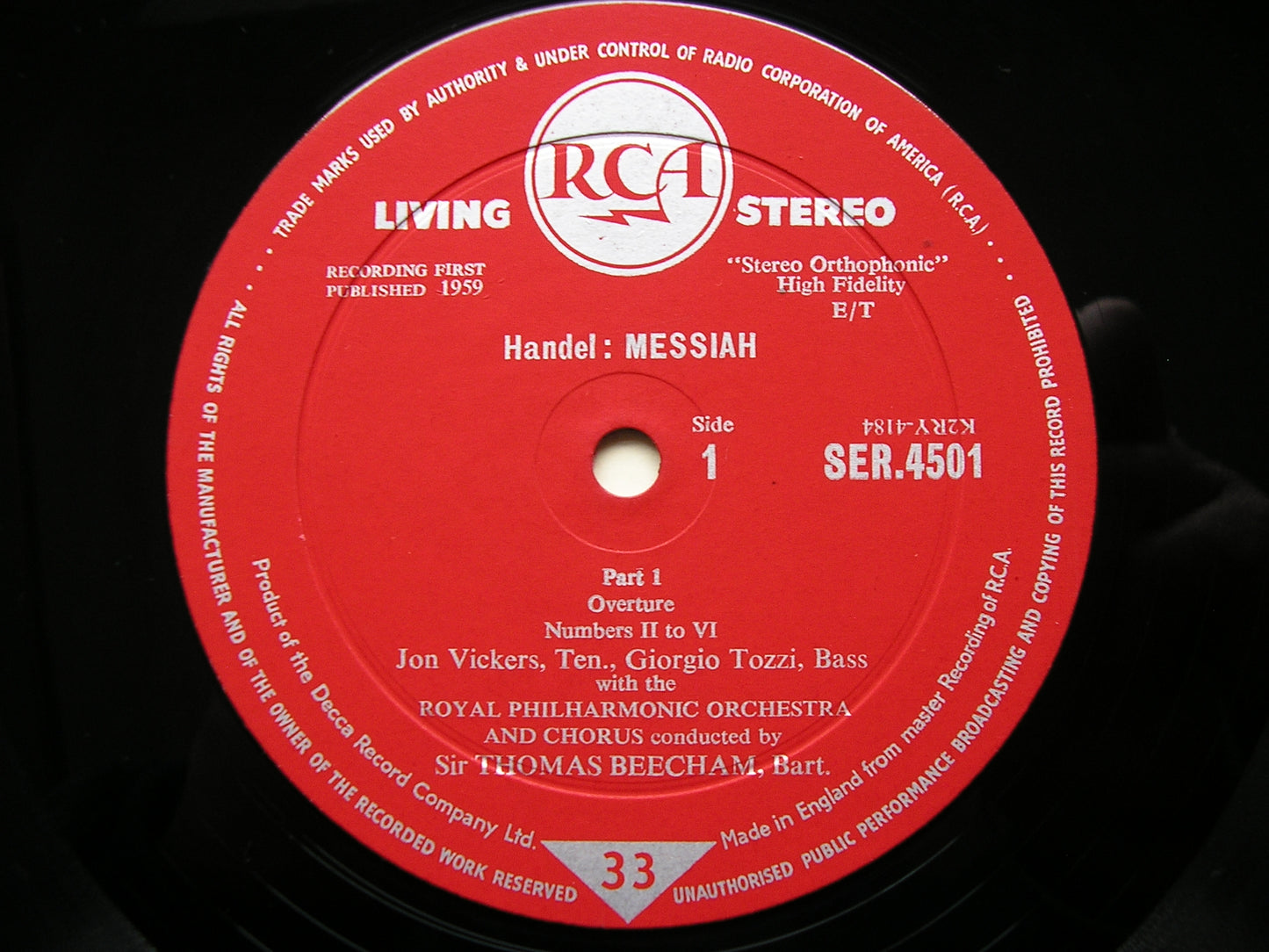 HANDEL: MESSIAH VYVYAN / SINCLAIR / VICKERS / TOZZI / ROYAL PHILHARMONIC / BEECHAM LDS 6409