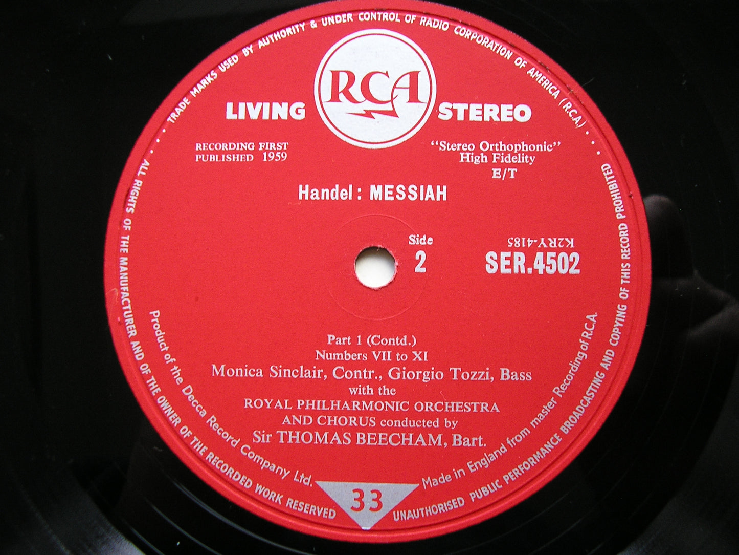 HANDEL: MESSIAH VYVYAN / SINCLAIR / VICKERS / TOZZI / ROYAL PHILHARMONIC / BEECHAM LDS 6409