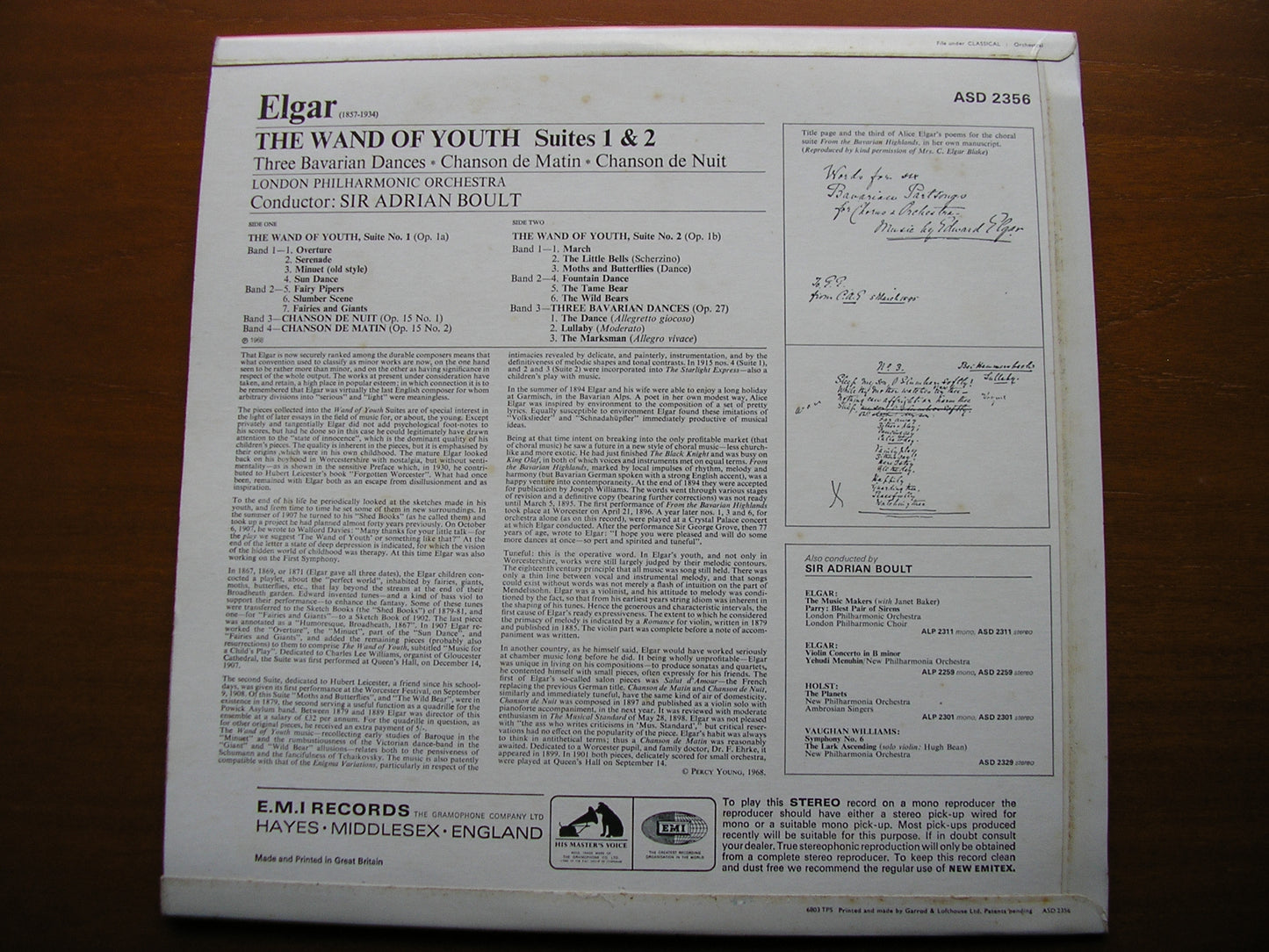 ELGAR: THE WAND OF YOUTH / CHANSON DE MATIN / CHANSON DE NUIT / 3 BAVARIAN DANCES BOULT / LONDON PHILHARMONIC ASD 2356