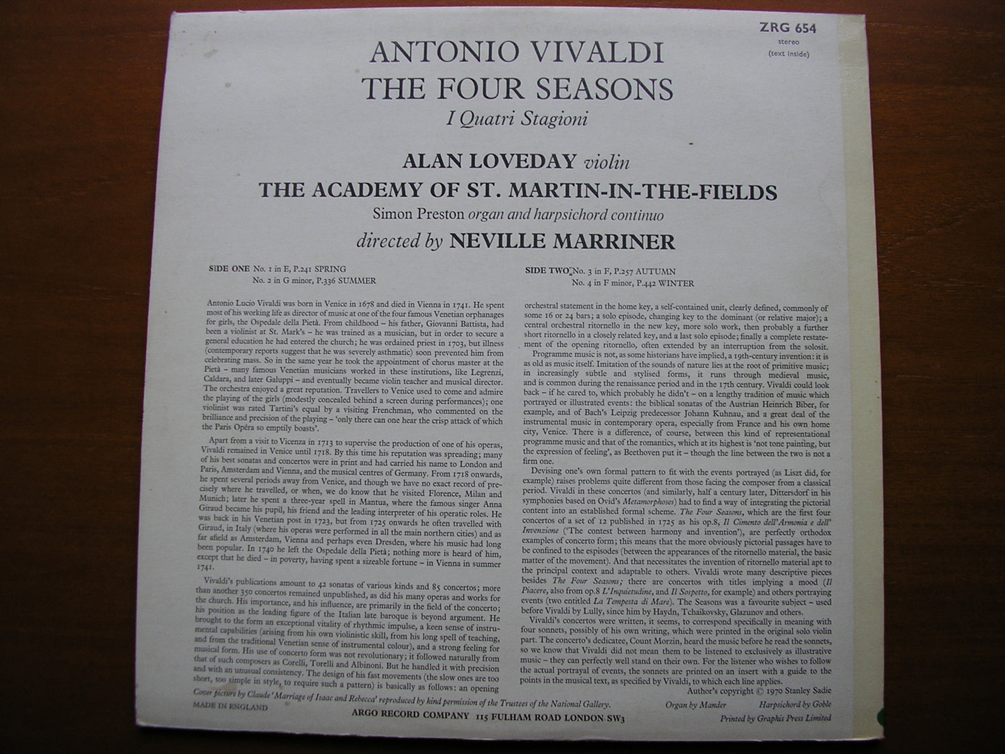 VIVALDI: THE FOUR SEASONS LOVEDAY / ASMIF / MARRINER ZRG 654