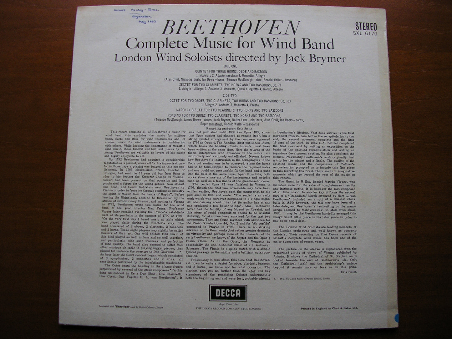 BEETHOVEN: COMPLETE MUSIC FOR WIND BAND BRYMER / LONDON WIND SOLOISTS SXL 6170