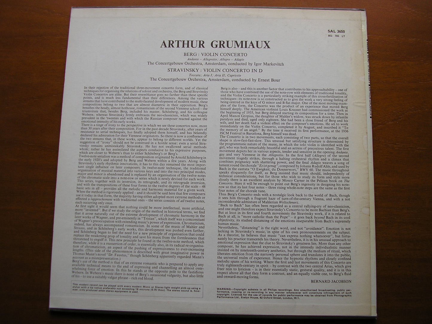 BERG & STRAVINSKY: VIOLIN CONCERTOS     GRUMIAUX / CONCERTGEBOUW / MARKEVITCH    SAL 3650
