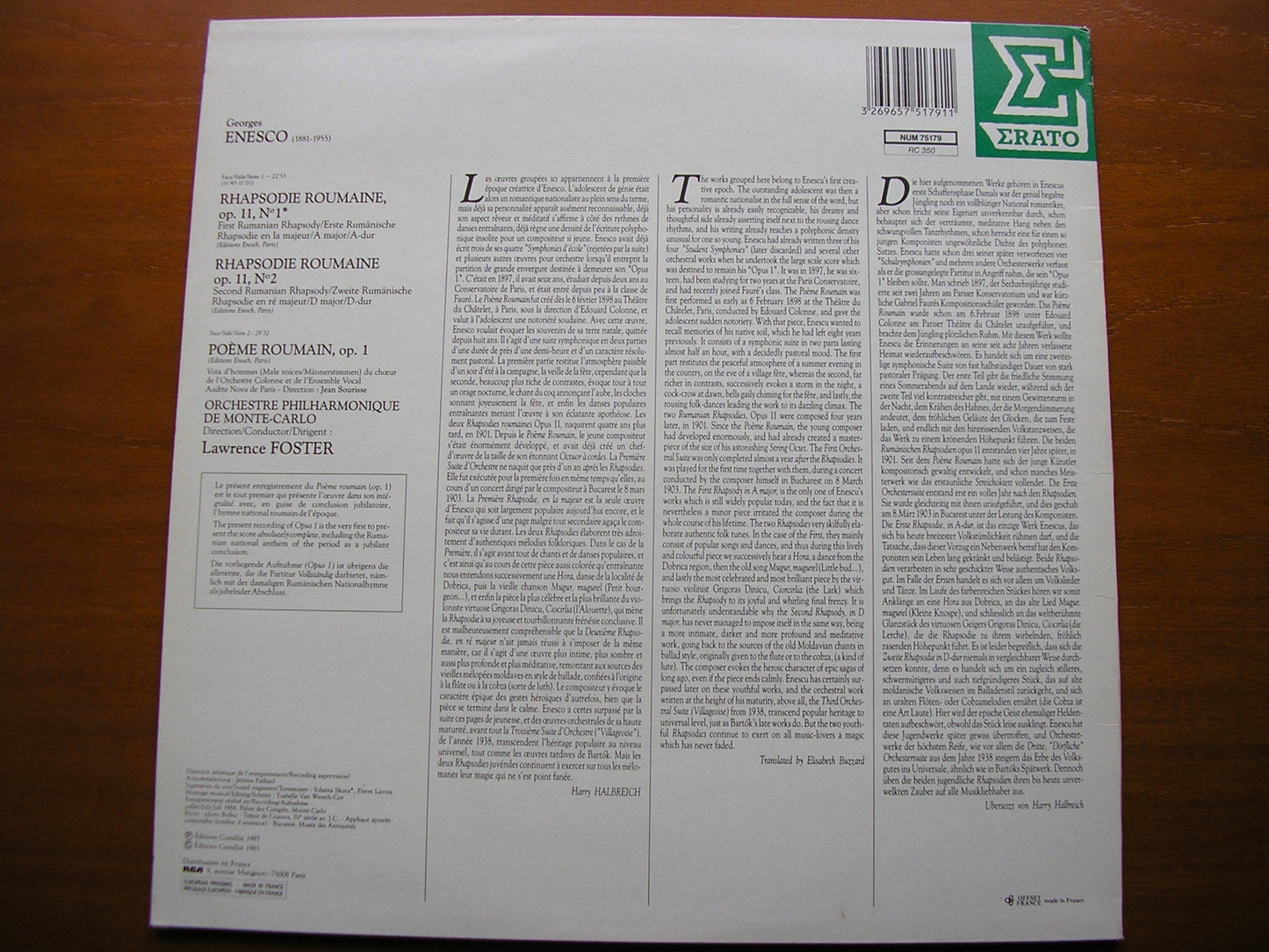 ENESCO: RUMANIAN RHAPSODIES Nos. 1 & 2 / RUMANIAN POEM    FOSTER / MONTE CARLO PHILHARMONIC    NUM 75179