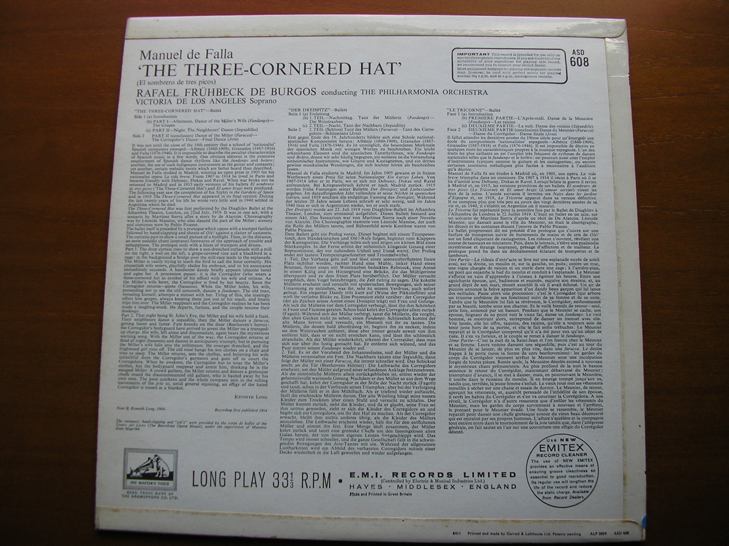 FALLA: THE THREE CORNERED HAT   VICTORIA DE LOS ANGELES / PHILHARMONIA / DE BURGOS    ASD 608