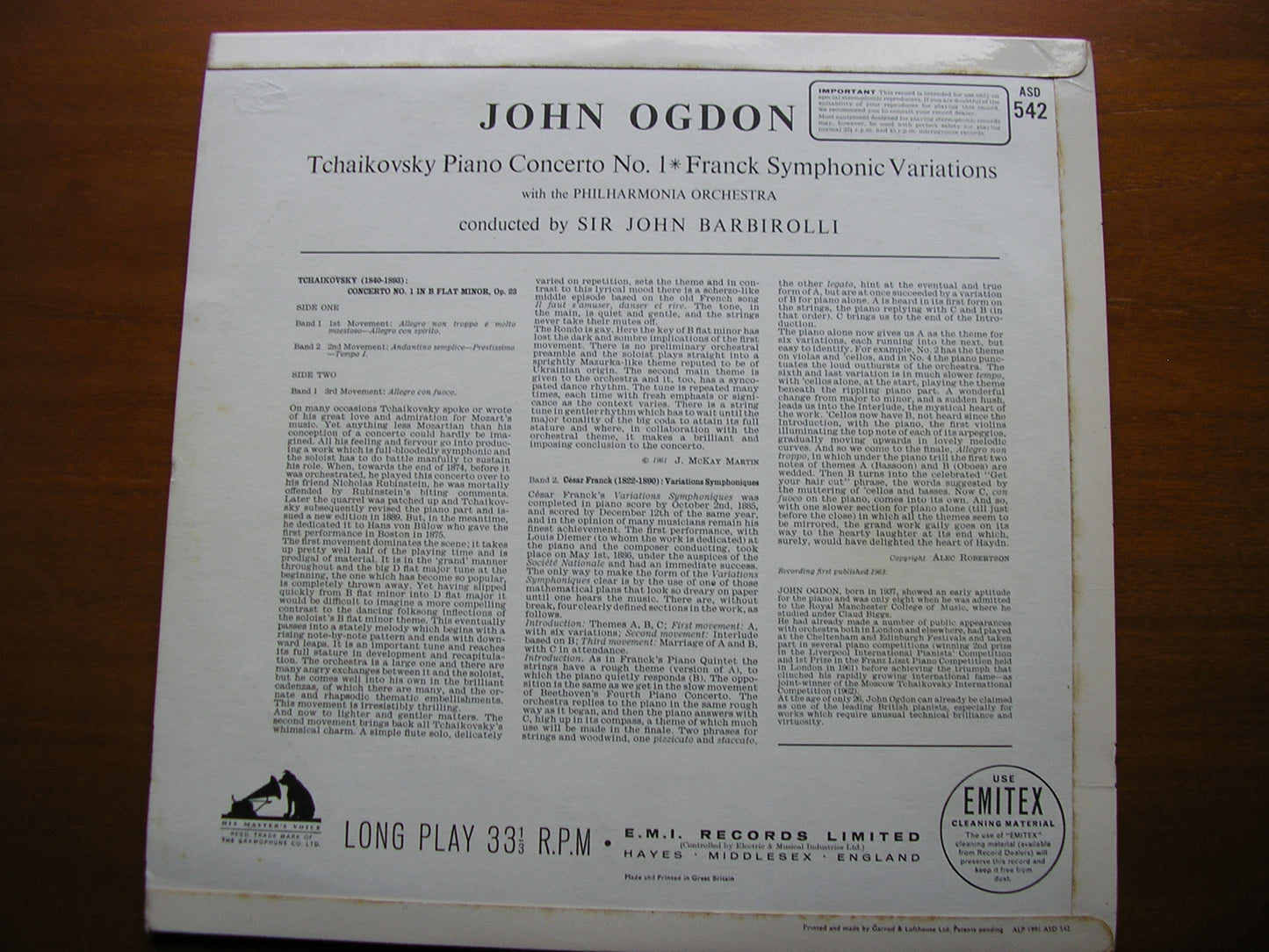 TCHAIKOVSKY: PIANO CONCERTO NO. 1 / FRANCK: SYMPHONIC VARIATIONS OGDON / PHILHARMONIA / BARBIROLLI ASD 542