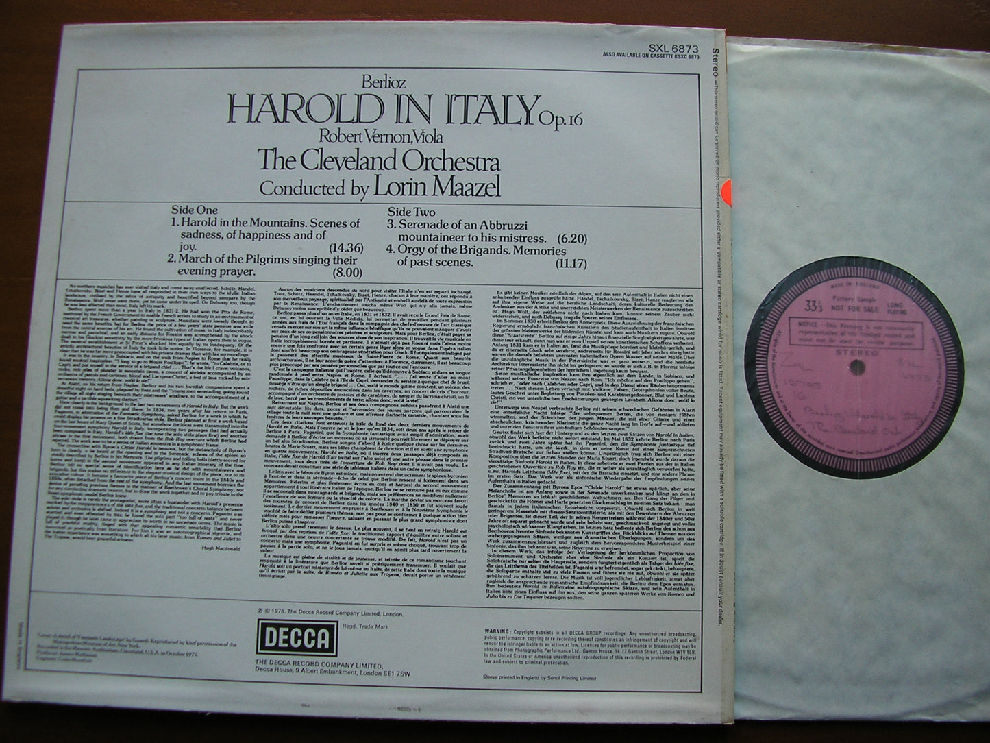 BERLIOZ: HAROLD IN ITALY VERNON / CLEVELAND ORCHESTRA / MAAZEL Test Pressing SXL 6873