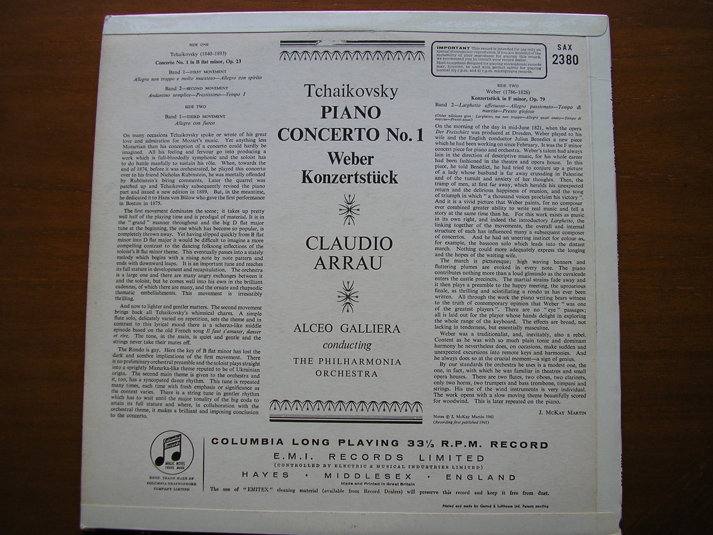 TCHAIKOVSKY: PIANO CONCERTO No. 1 / WEBER: KONZERTSTUCK ARRAU / PHILHARMONIA / GALLIERA SAX 2380