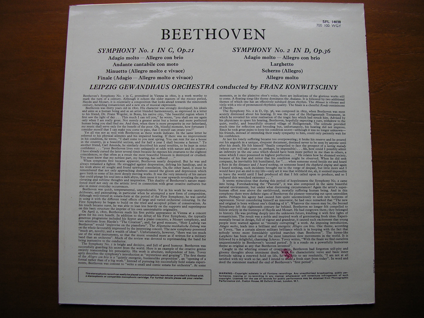 BEETHOVEN: SYMPHONIES Nos. 1 & 2 KONWITSCHNY / LEIPZIG GEWANDHAUS SFL 14038