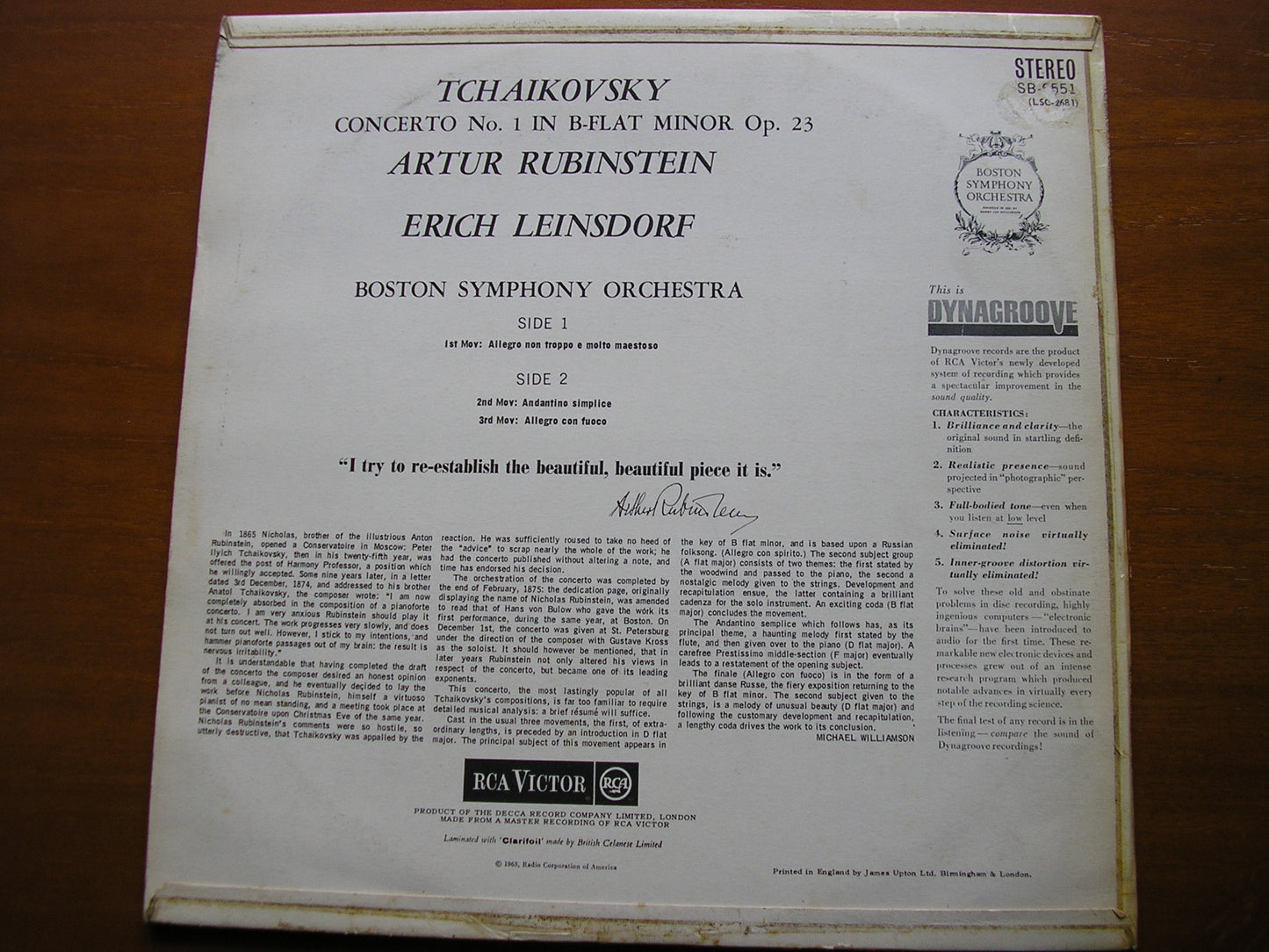 TCHAIKOVSKY: PIANO CONCERTO No. 1 RUBINSTEIN / BOSTON SYMPHONY / LEINSDORF SB 6551