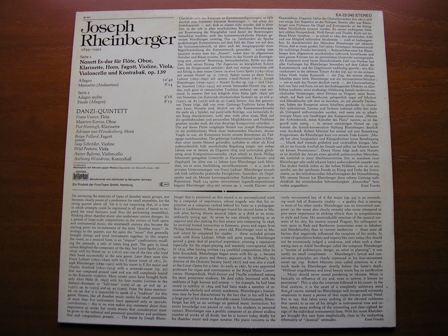 RHEINBERGER: NONET Op. 139   DANZI QUINTET / SCHRODER / BYLSMA / PEETERS / WOODROW   EA 23045