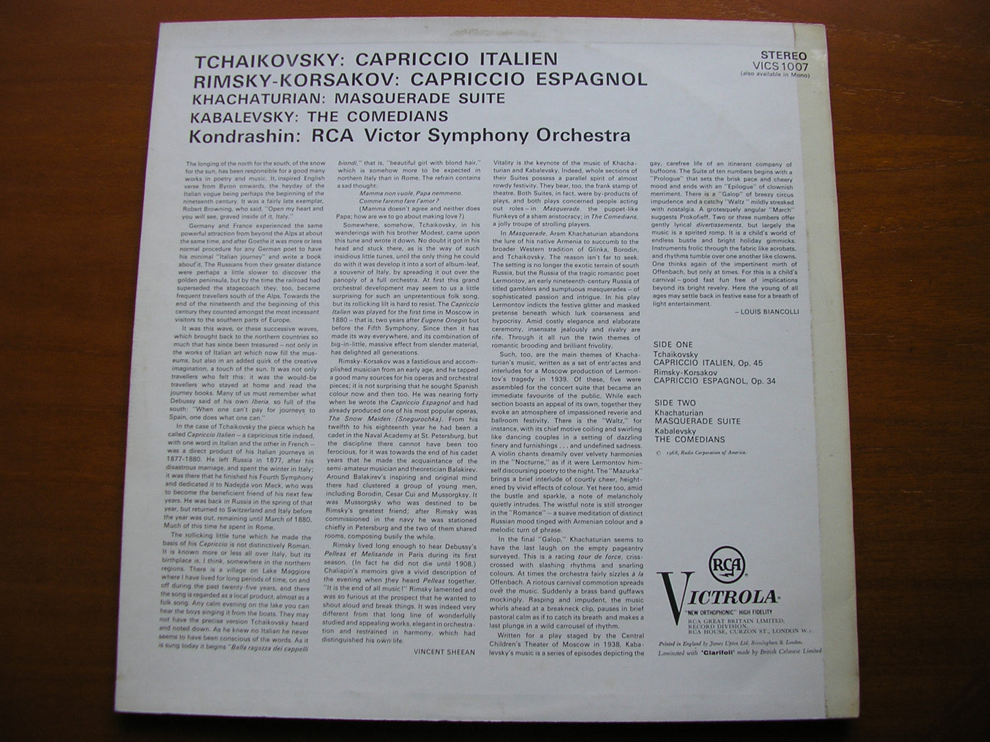 TCHAIKOVSKY: CAPRICCIO ITALIEN / RIMSKY-KORSAKOV: CAPRICCIO ESPAGNOL KONDRASHIN / RCA VICTOR SYMPHONY VICS 1007