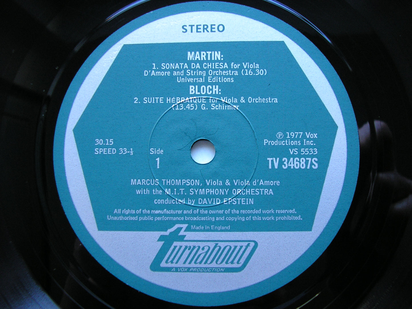 BLOCH: SUITE HEBRAIQUE / HINDEMITH: DER SCHWANENDREHER / MARTIN: SONATA DA CHIESA THOMPSON / M.I.T SYMPHONY / DAVID EPSTEIN TV 34687S