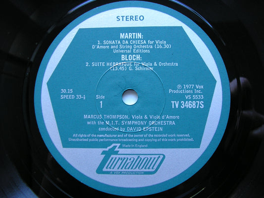 BLOCH: SUITE HEBRAIQUE / HINDEMITH: DER SCHWANENDREHER / MARTIN: SONATA DA CHIESA      THOMPSON / M.I.T SYMPHONY / DAVID EPSTEIN    TV 34687S