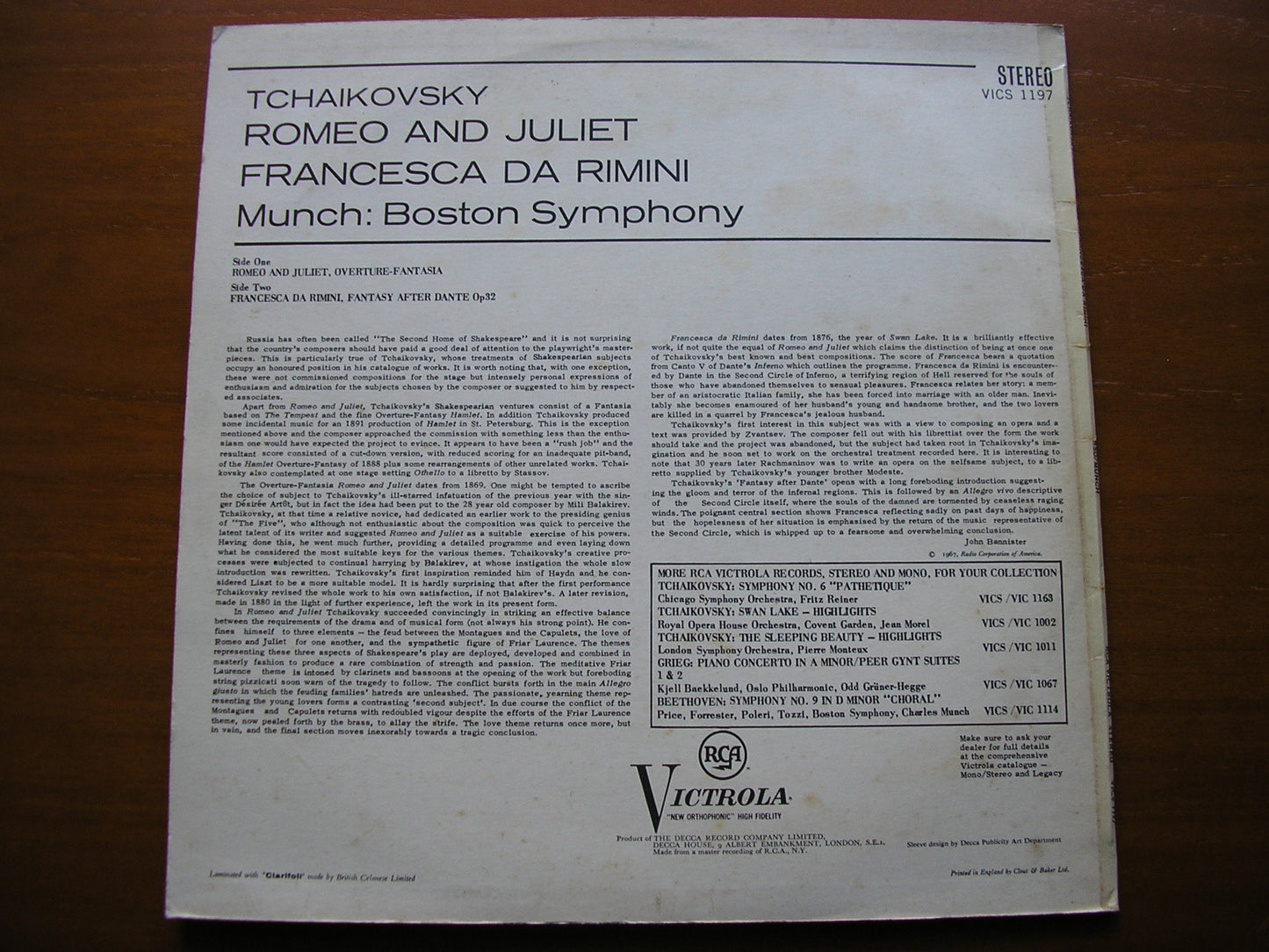 TCHAIKOVSKY: ROMEO & JULIET / FRANCESCA DA RIMINI MUNCH / BOSTON SYMPHONY VICS 1197