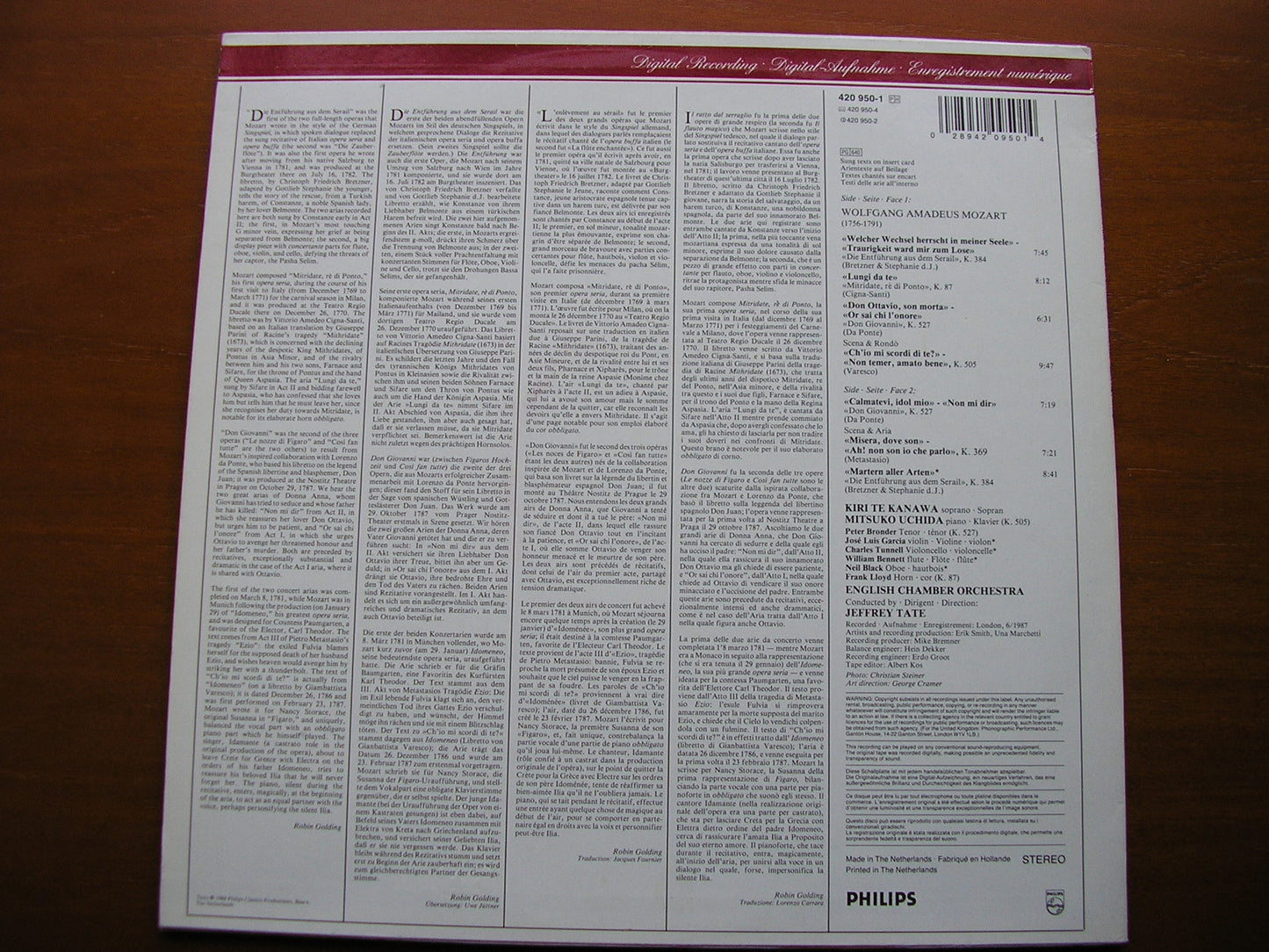KIRI TE KANAWA SINGS ARIAS BY MOZART     TE KANAWA / UCHIDA / ENGLISH CHAMBER ORCHESTRA / TATE     420 950