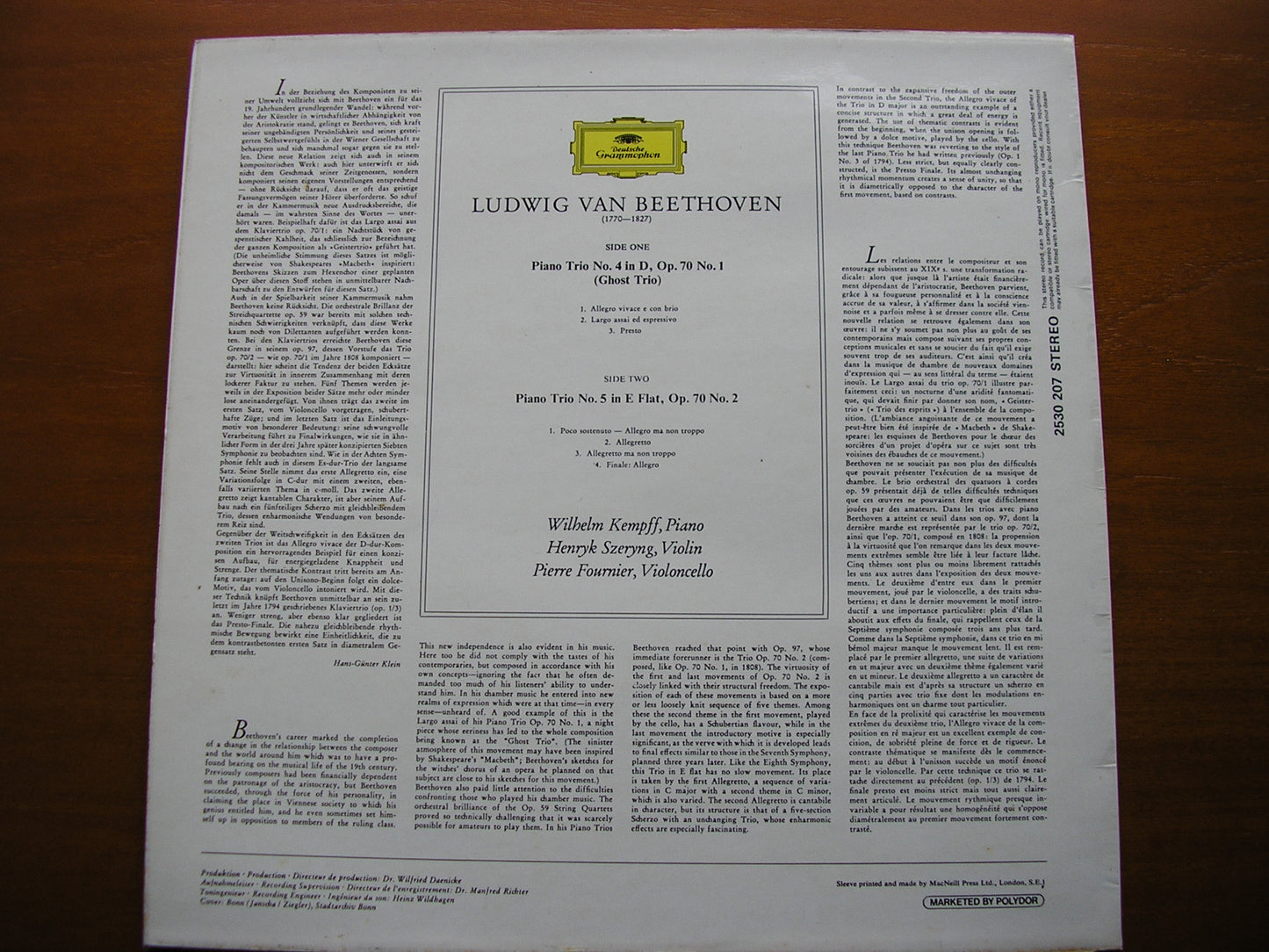 BEETHOVEN: PIANO TRIO 'Ghost'   KEMPFF / SZERYNG / FOURNIER    2530 207