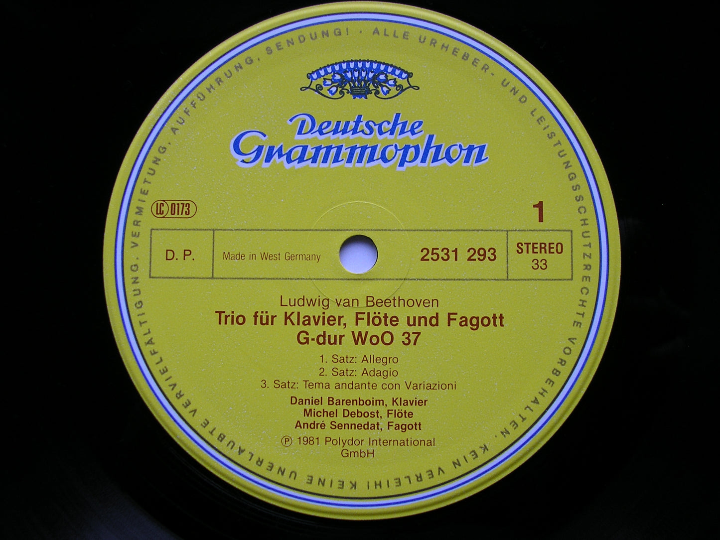 BEETHOVEN: SONATA FOR PIANO & HORN / TRIO FOR PIANO, FLUTE & BASSOON    BARENBOIM / BLOOM / DEBOST / SENNEDAT   2531 293