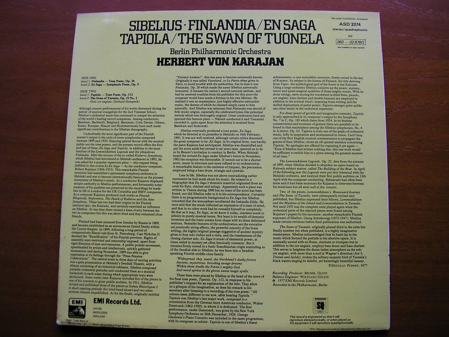 SIBELIUS: ORCHESTRAL WORKS KARAJAN / BERLIN PHILHARMONIC ASD 3374