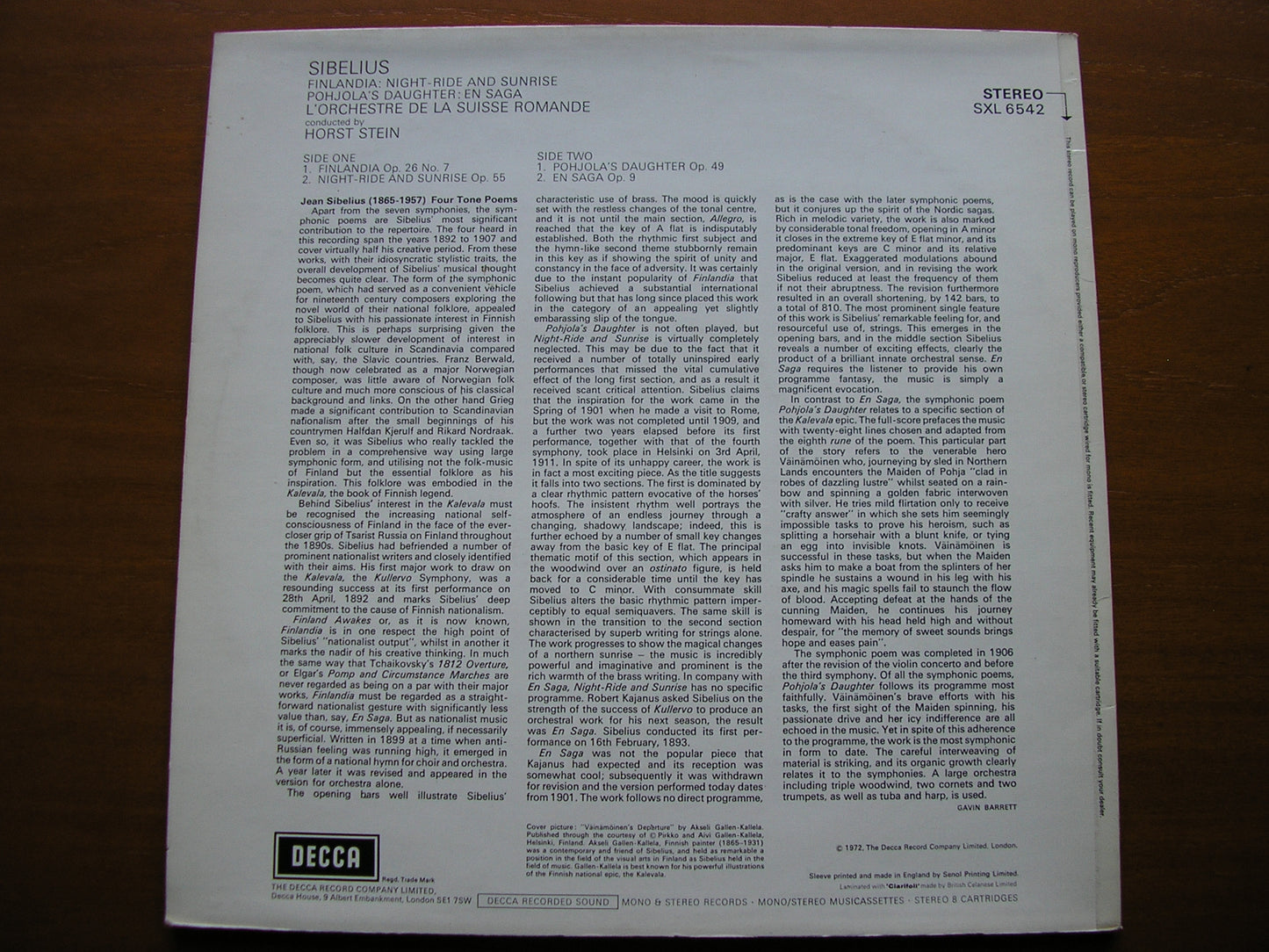 SIBELIUS: ORCHESTRAL WORKS    STEIN / SUISSE ROMANDE   SXL 6542