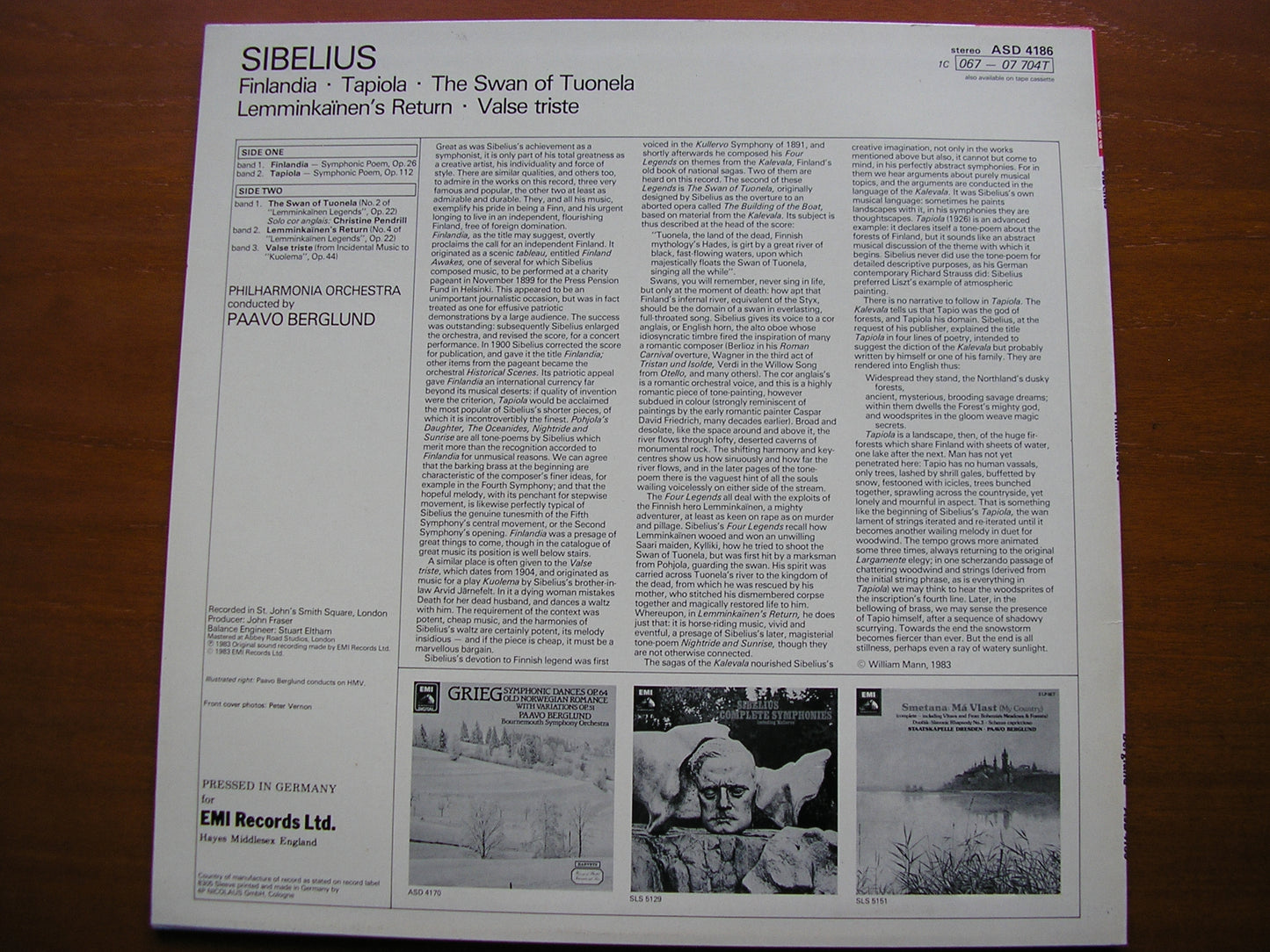 SIBELIUS: ORCHESTRAL WORKS BERGLUND / PHILHARMONIA ORCHESTRA ASD 4186