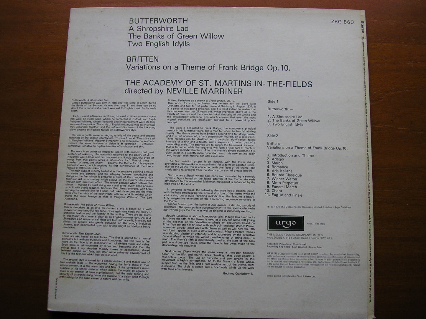 BRITTEN: VARIATIONS / BUTTERWORTH: A SHROPSHIRE LAD   NEVILLE MARRINER / ASMIF    ZRG 860