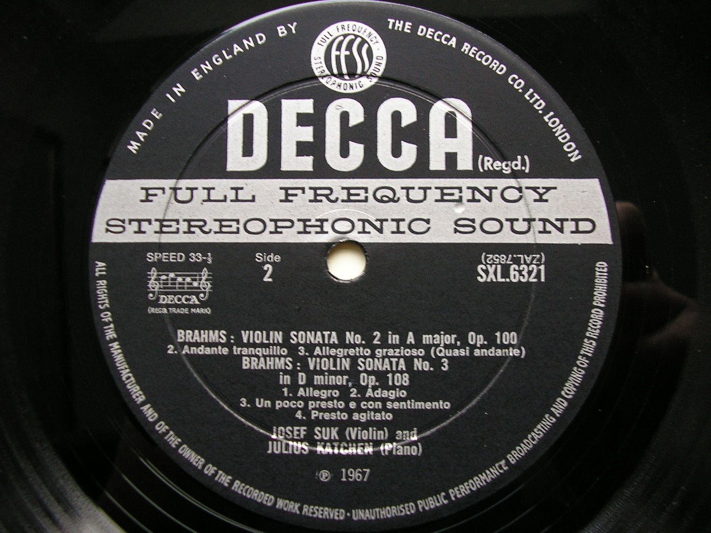 BRAHMS: VIOLIN SONATAS  Opp. 78 / 100 / 108    JOSEF SUK / JULIUS KATCHEN    SXL 6321