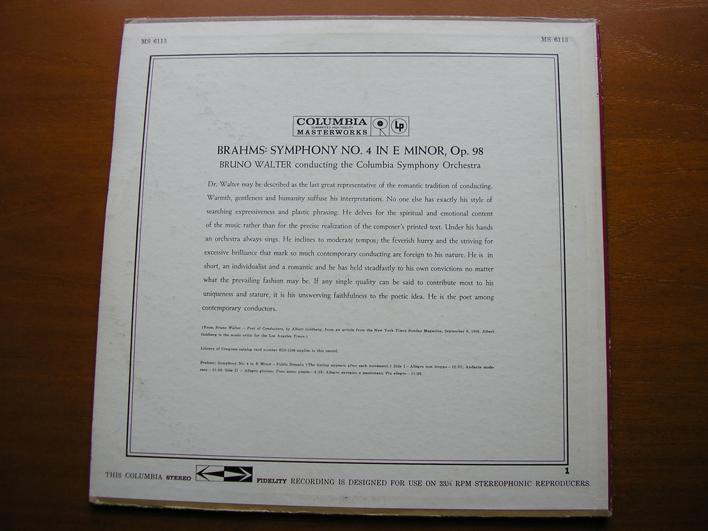 BRAHMS: SYMPHONY No. 4 WALTER / COLUMBIA SYMPHONY MS 6113