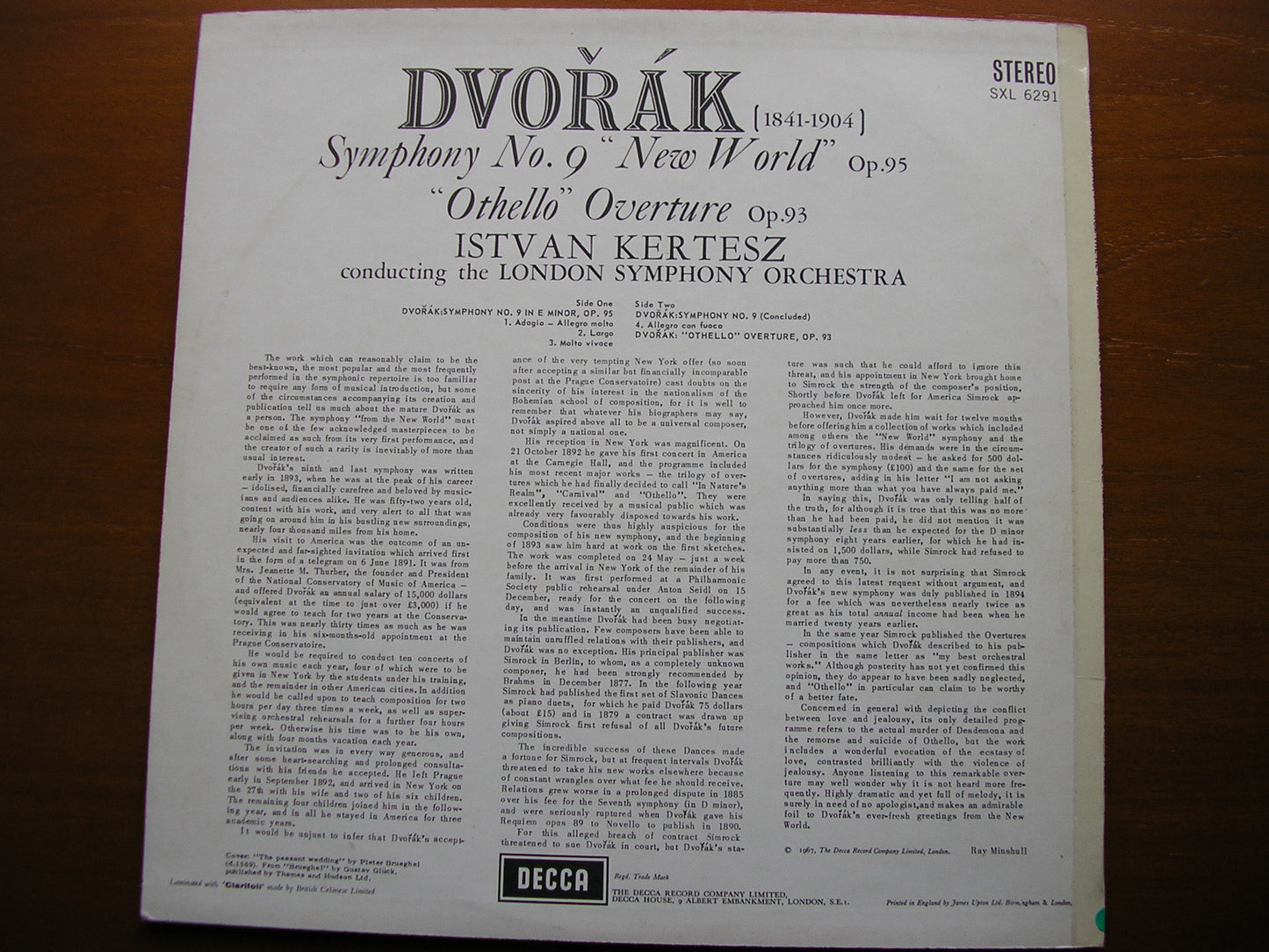 DVORAK: SYMPHONY No. 9 / OVERTURE Othello     ISTVAN KERTESZ / LONDON SYMPHONY   SXL 6291