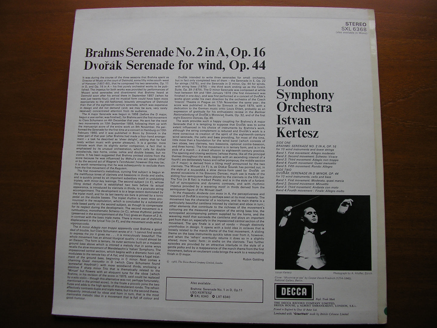 BRAHMS: SERENADE No. 2 / DVORAK: SERENADE FOR WIND Op. 44 KERTESZ / LONDON SYMPHONY SXL 6368