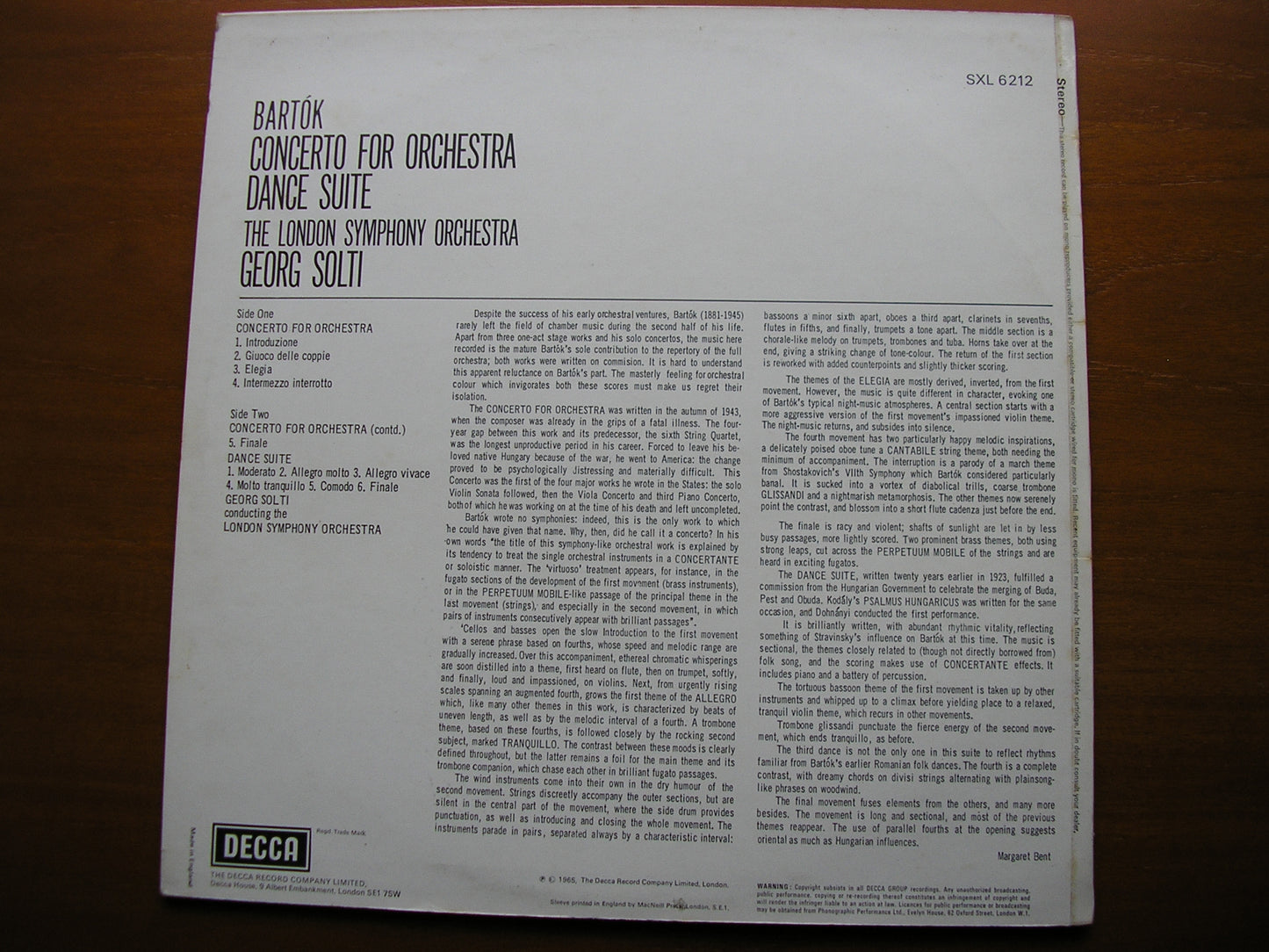 BARTOK: CONCERTO FOR ORCHESTRA / DANCE SUITE    SOLTI / LONDON SYMPHONY   SXL 6212