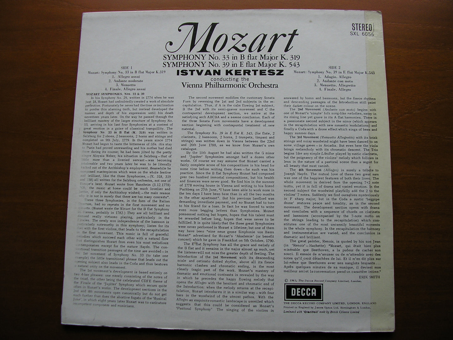 MOZART: SYMPHONIES Nos. 33 & 39 KERTESZ / VIENNA PHILHARMONIC ORCHESTRA SXL 6056