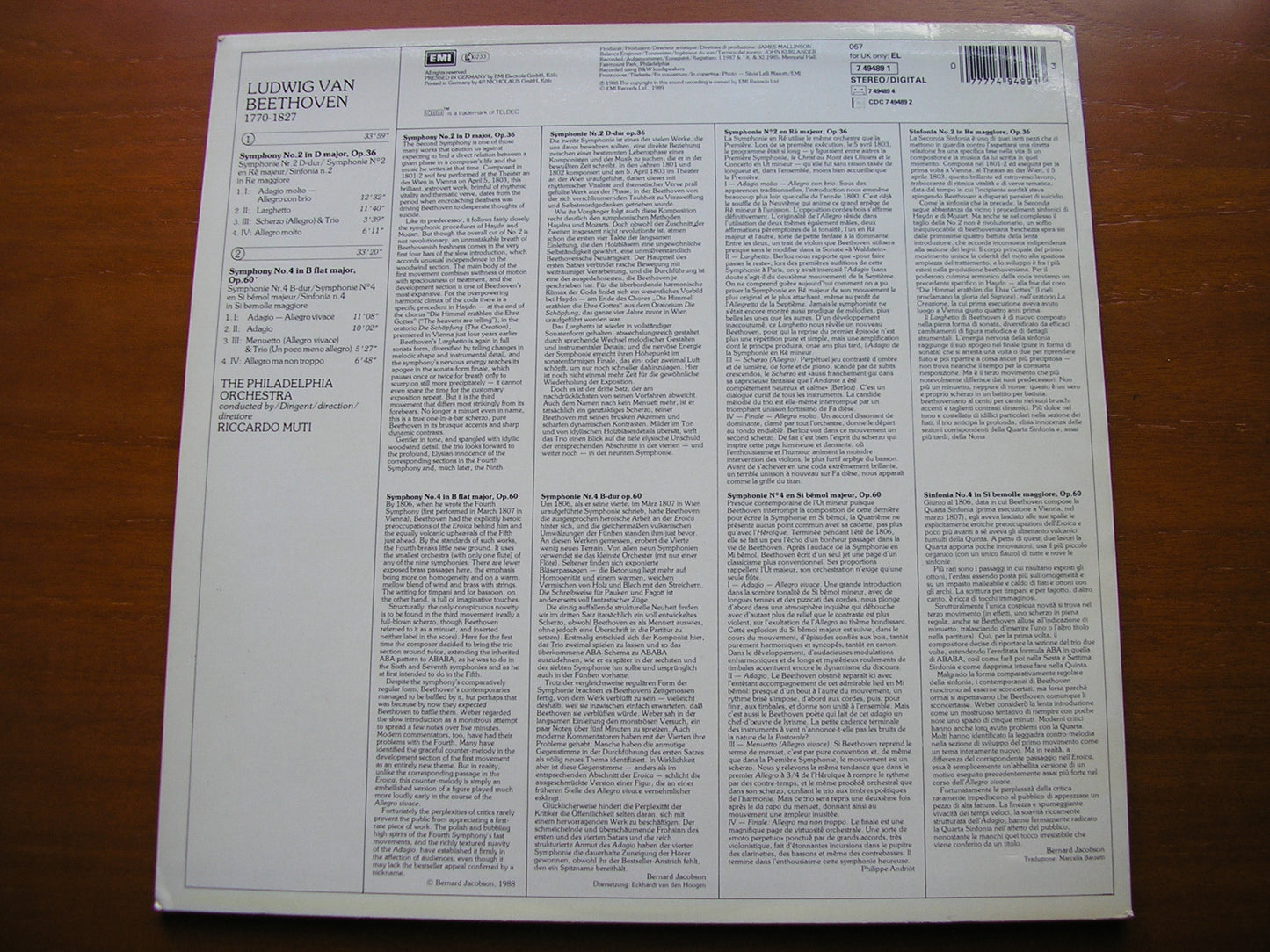 BEETHOVEN: SYMPHONIES Nos. 2 & 4 MUTI / PHILADELPHIA ORCHESTRA 7 49489