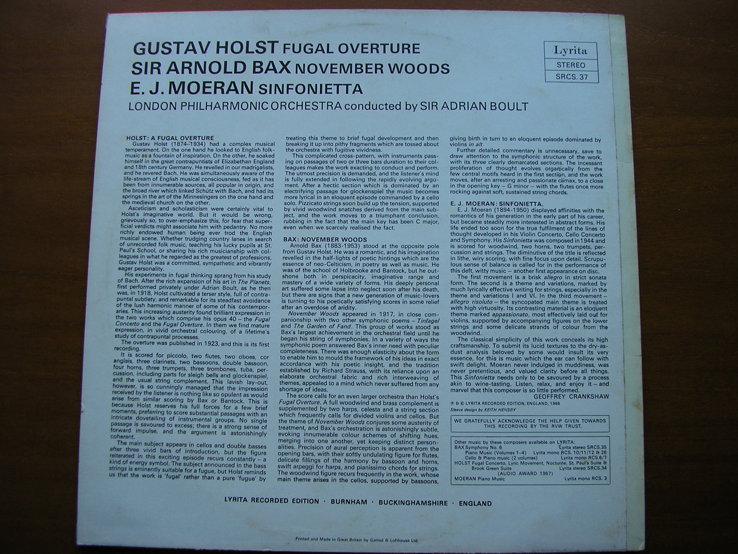 HOLST: FUGAL OVERTURE / MOERAN: SINFONIETTA / BAX: NOVEMBER WOODS    BOULT / LONDON PHILHARMONIC    SRCS 37