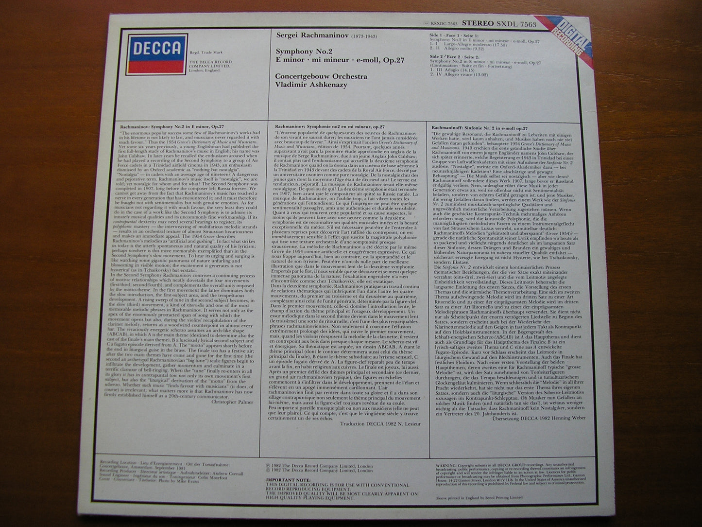 RACHMANINOV: SYMPHONY No. 2     ASHKENAZY / CONCERTGEBOUW ORCHESTRA   SXDL 7563