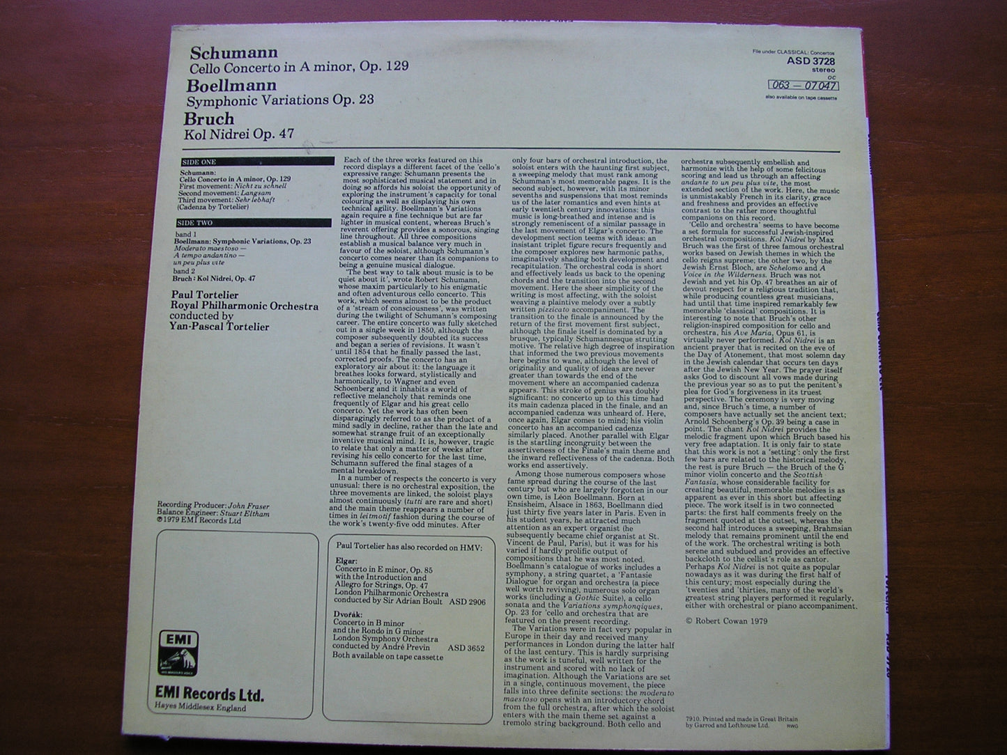 SCHUMANN: CELLO CONCERTO / BRUCH: KOL NIDREI PAUL TORTELIER / RPO / Y-P TORTELIER ASD 3728