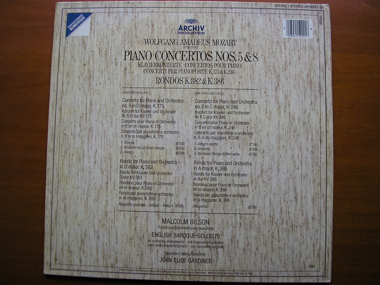 MOZART: PIANO CONCERTOS Nos. 5 & 8      BILSON / ENGLISH BAROQUE SOLOISTS / GARDINER    415 990