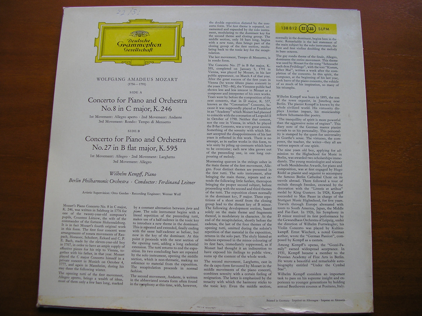 MOZART: PIANO CONCERTOS Nos. 8 & 27       KEMPFF / BERLIN PHILHARMONIC / LEITNER      138 812