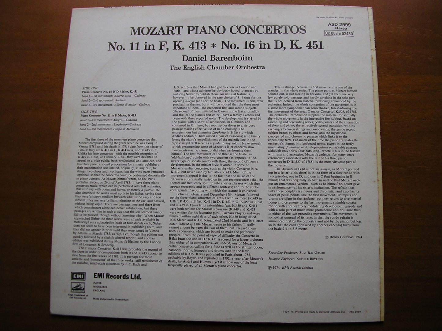 MOZART: PIANO CONCERTOS Nos. 11 & 16    BARENBOIM / ENGLISH CHAMBER ORCHESTRA    ASD 2999