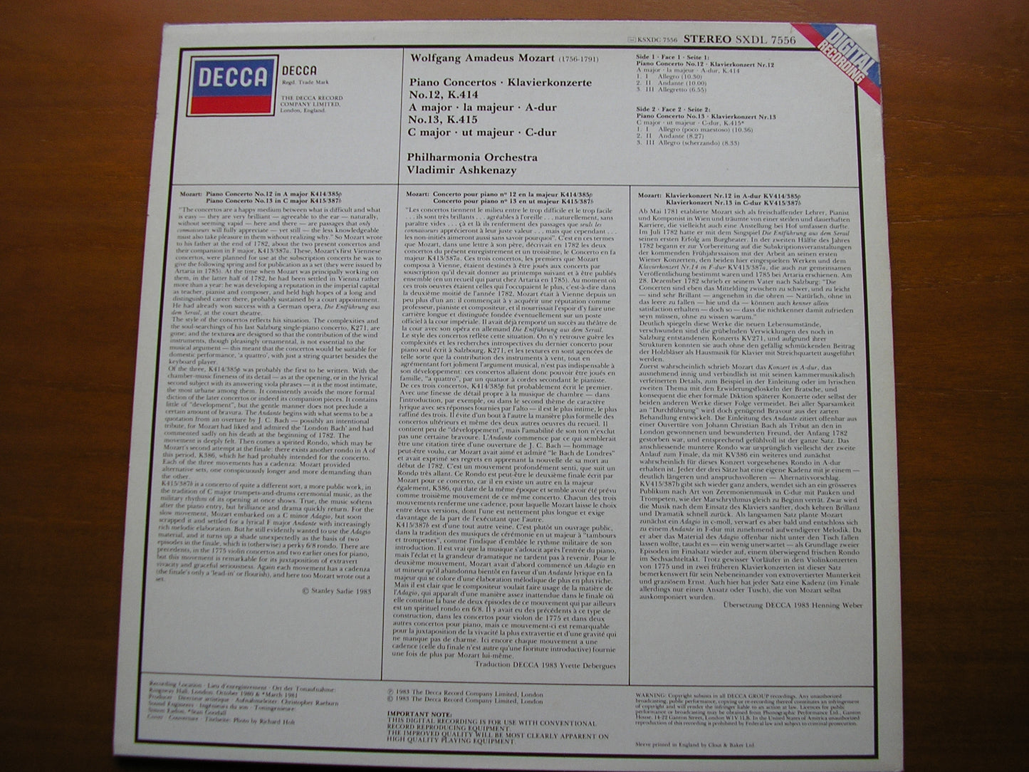 MOZART: PIANO CONCERTOS Nos. 12 & 13        VLADIMIR ASHKENAZY / PHILHARMONIA     SXDL 7556