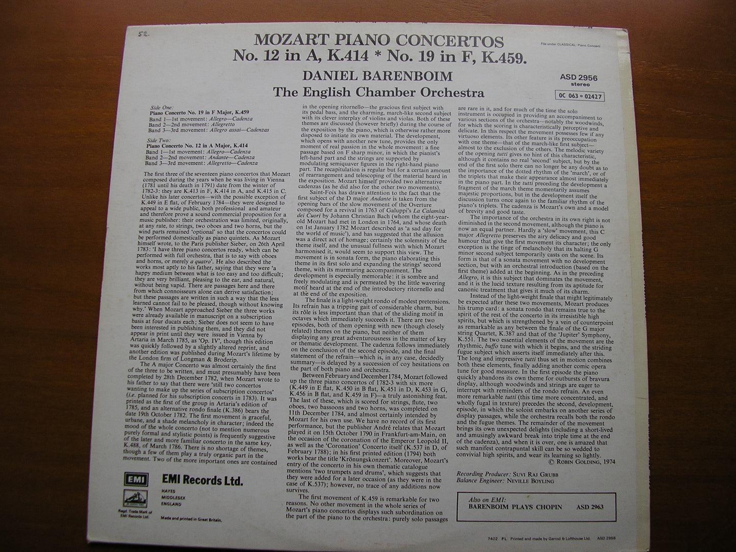 MOZART: PIANO CONCERTOS Nos. 12 & 19        BARENBOIM / ENGLISH CHAMBER ORCHESTRA    ASD 2956