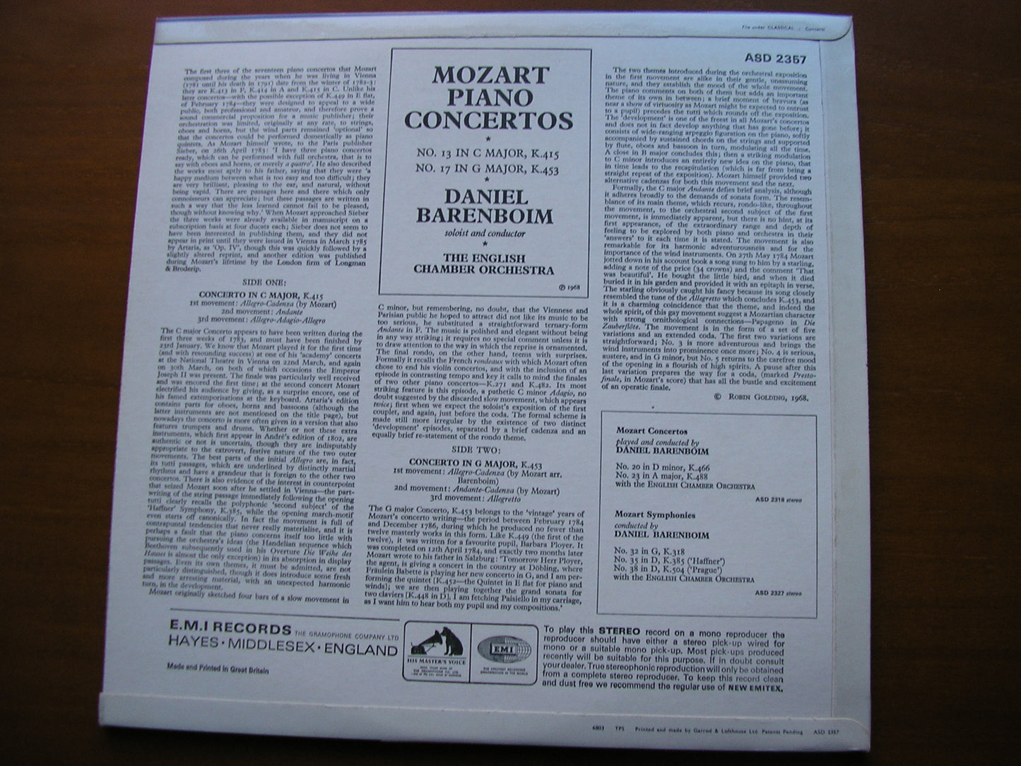 MOZART: PIANO CONCERTOS Nos. 13 & 17      BARENBOIM / ENGLISH CHAMBER ORCHESTRA    ASD 2357