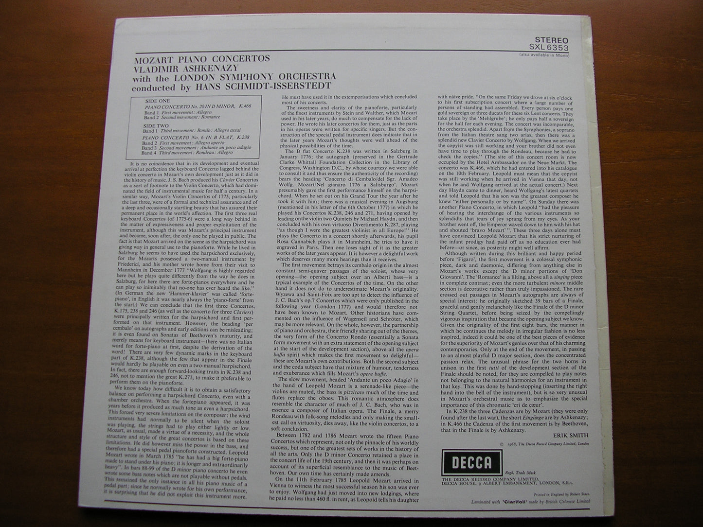 MOZART: PIANO CONCERTOS Nos. 20 & 6      ASHKENAZY / LONDON SYMPHONY / SCHMIDT-ISSERSTEDT     SXL 6353